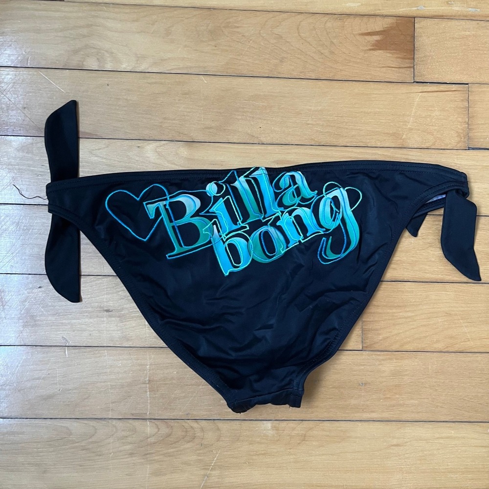 Billabong Womens Black Side Tie Bikini Bottoms Teal Logo Heart Size L